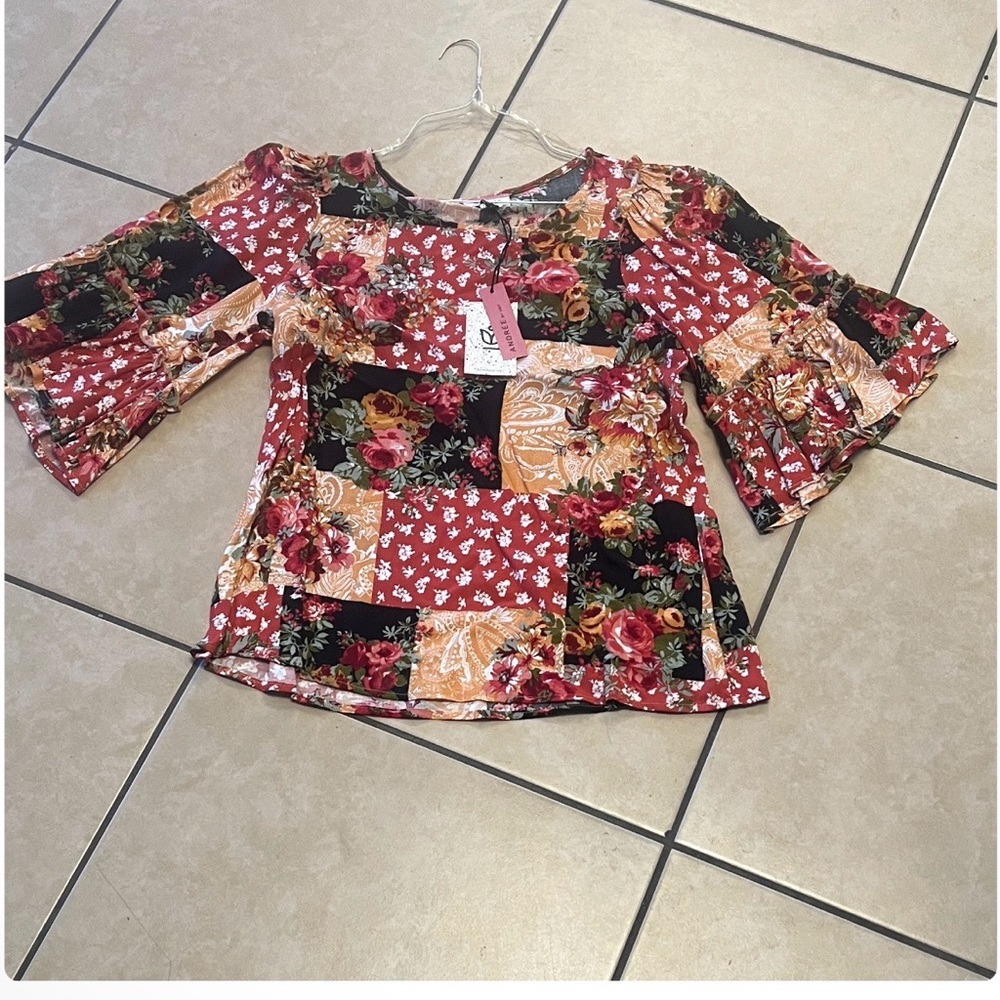 Andree Multicolor Floral Patchwork Blouse NWT - image 1